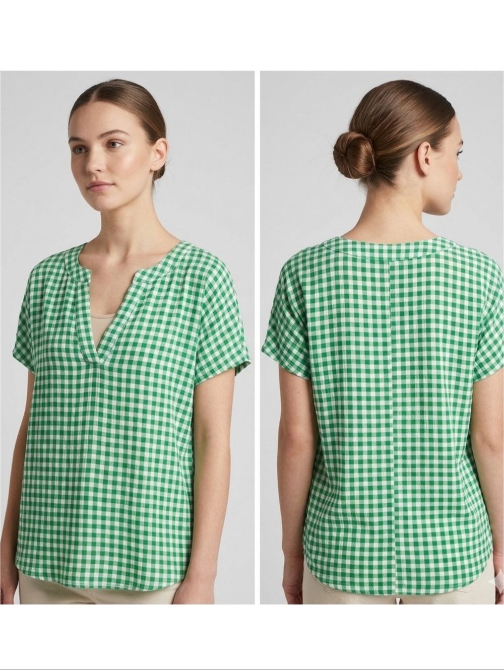 Vine & Valley Short Sleeve Split neck Gingham top Green & White Size L